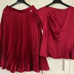 Set đầm midi dập ly & áo lụa cổ đổ