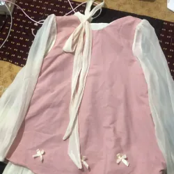 váy nữ màu hồng tay voan cổ nơ dáng tiểu thư dễ thương 