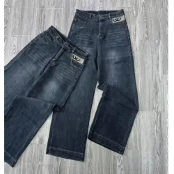 Quần Jean nữ ống đứng cạp cao co giãn túi thêu CC, quần bò nữ Quảng Châu lưng cao Hot 