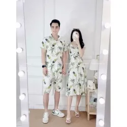 Váy nữ họa tiết dứa đi biển, tặng kèm 1 áo nam cùng họa tiết