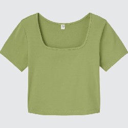 Áo Thun Croptop Cổ Vuông Xanh Lá Square Neck Short Sleeve Cropped T-Shirt - Uniqlo 15723