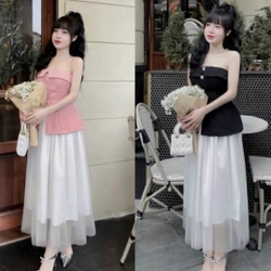 Set đồ tiểu thư áo cup ngực form peplum đính cúc ngọc mix chân váy ren trắng 316560