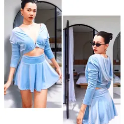 Set áo khoát& chân váy - size S và M - chất Nhung velvet dày dặn - màu Xanh  - mới 90%  701095