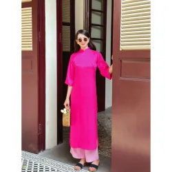 Áo dài cách tân lụa gấm dáng suông cổ cao tay lỡ - Áo dài may sẵn gấm đẹp - HỒNG 