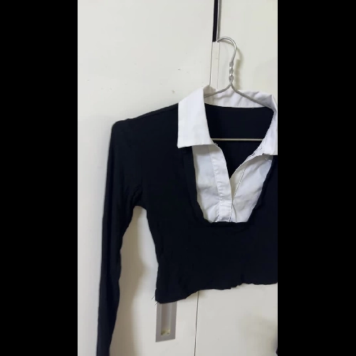 Áo thun tăm croptop phối cổ sơ mi