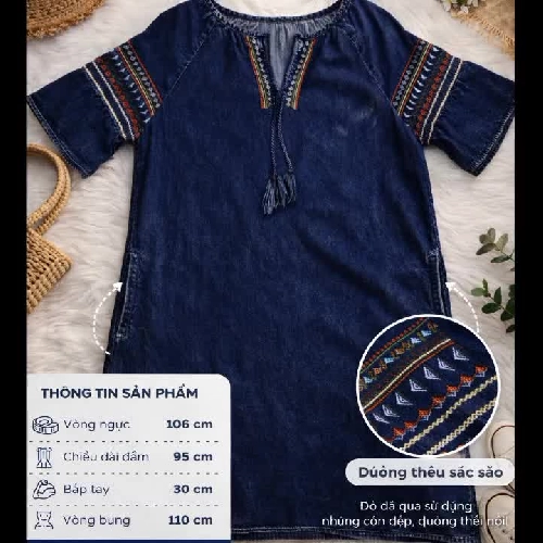 Đầm denim thêu sắc sảo – mặc giấu bụng cực đẹp