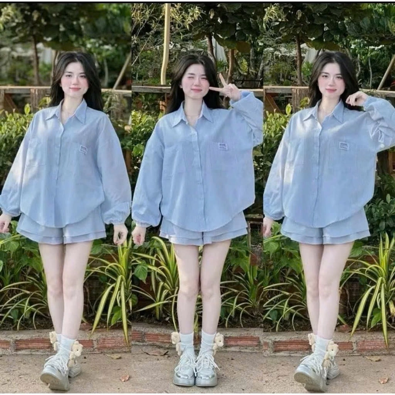 Set bộ sơ mi tay dài phối short – Hồng baby sọc trắng (Freesize) 443466