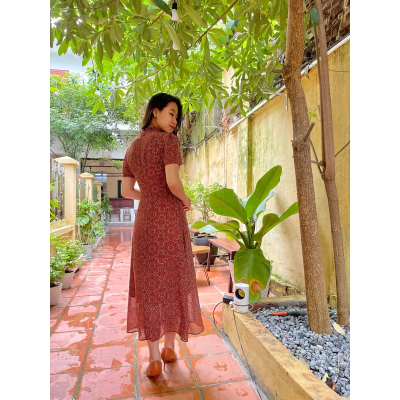 Đầm cổ Tàu dáng dài họa tiết vintage 577016