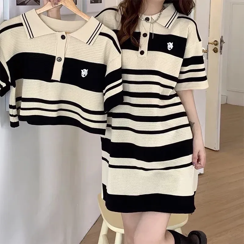 Áo len nữ Ralph Lauren sọc đen trắng cổ bẻ cộc tay 1024453