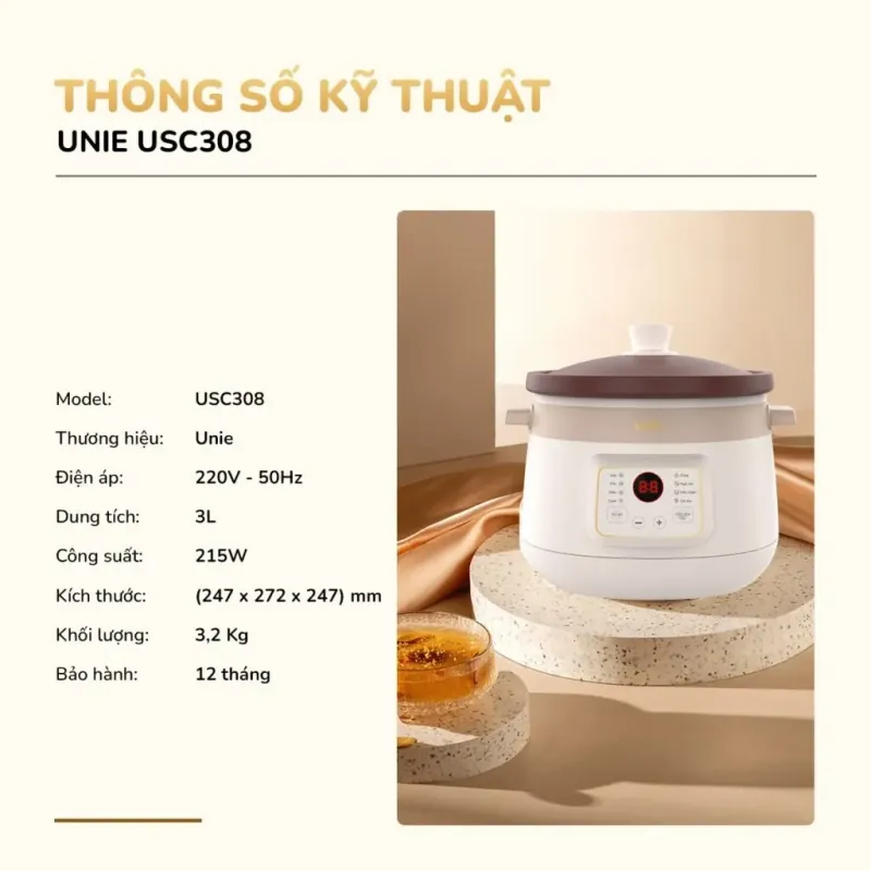 🍲 NỒI KHO HẦM ĐA NĂNG UNIE USC308 – DUNG TÍCH 3L – LÒNG GỐM TỬ SA – 8 CHỨC NĂNG TIỆN LỢI 728704