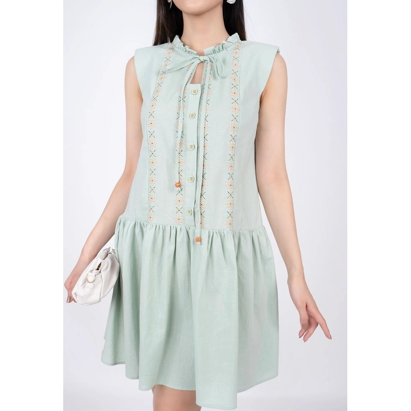 Đầm dạo phố vải linen dáng xòe thân thêu họa tiết chân váy xếp nếp - PANTIO 444308