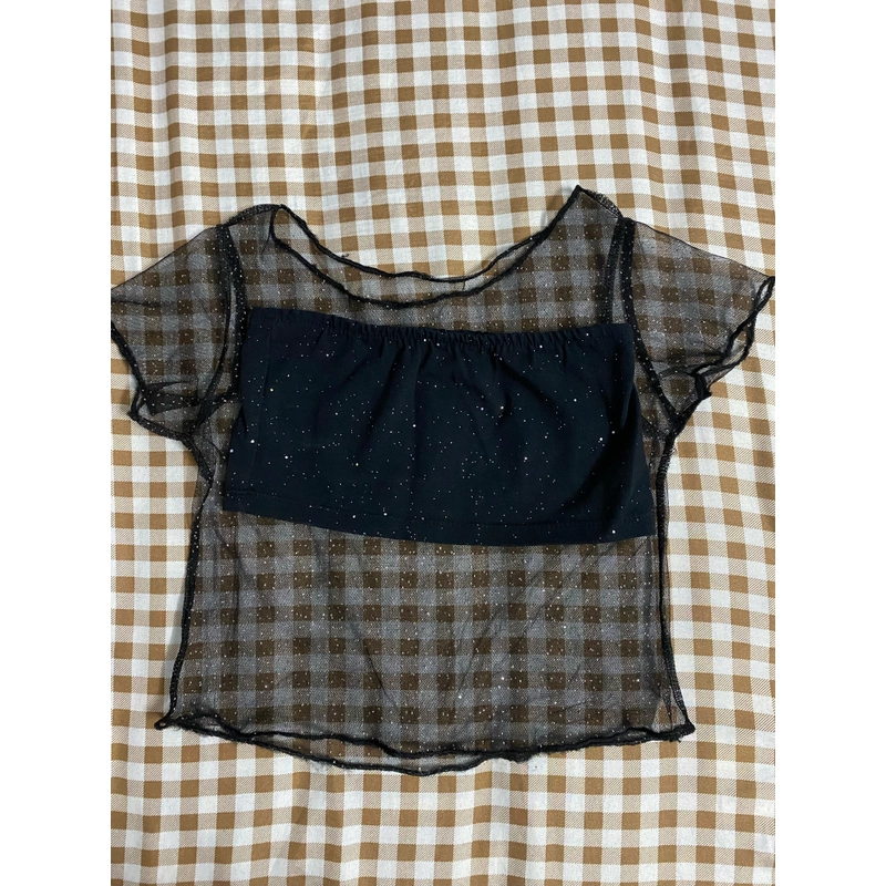 Áo croptop kim tuyến trong suốt kèm quây 462980