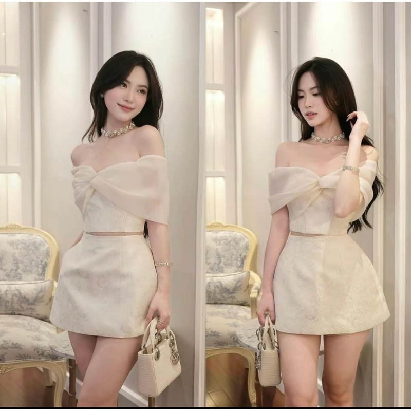 Set áo nơ trễ vai mix chân váy gấm hoa chữ A có lót quần bảo hộ 522308