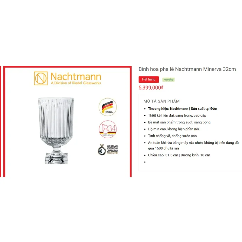 Bình pha lê Nachtmann Minerva Đức 32cm 591122