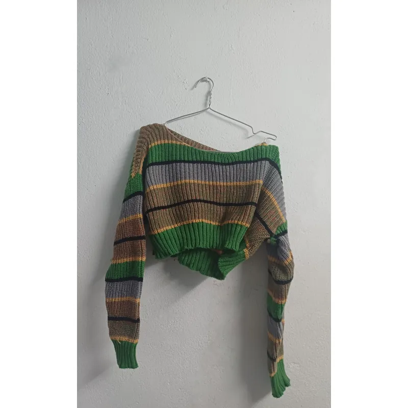 ÁO LEN DỆT KIM TAY DÀI CROPTOP KẺ SỌC XANH 745596