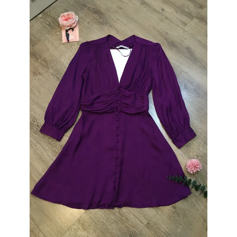 [Siêu Phẩm Hiệu Auth] Đầm váy vintage Za.ra cổ V nhún eo tay bồng 2 khuy hottrend 696768