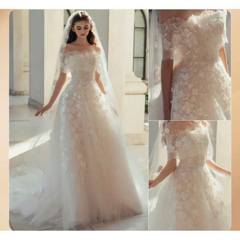 Váy cô dâu quây tách rời, size S, váy trắng ánh lên màu hồng nude  1009792