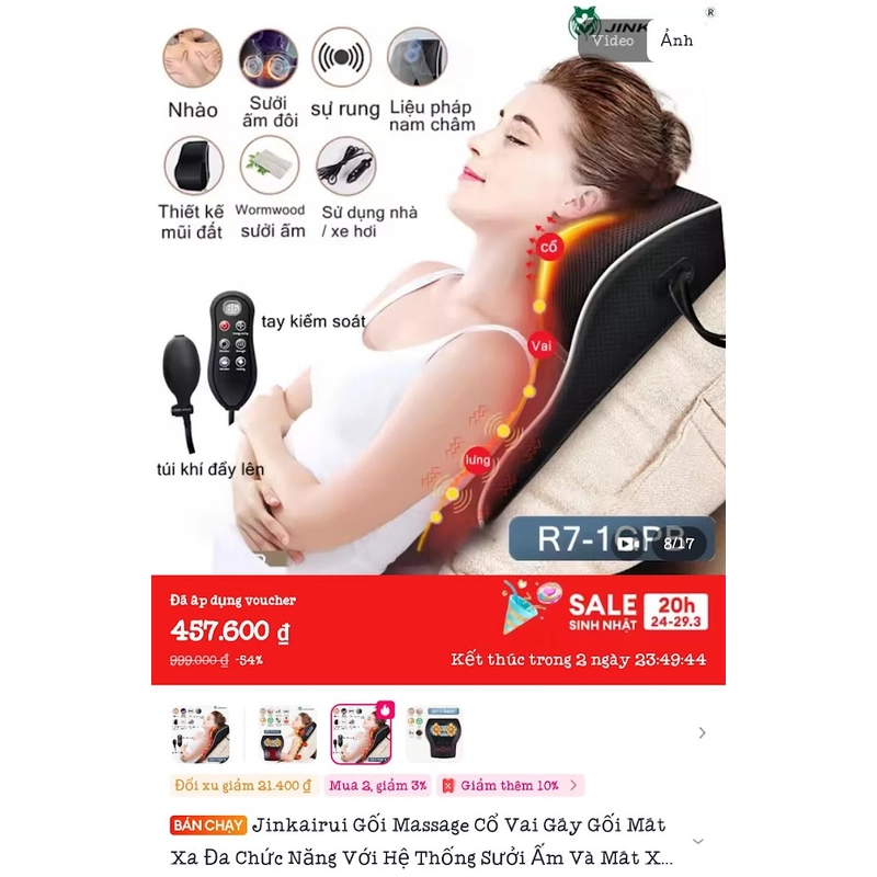 Gối massage Jinkairui cổ vai gáy 461152