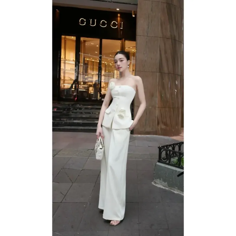 set áo cúp ngực đính hoa peplum mix quần suông ống rộng trắng, áo cúp ngực 788146