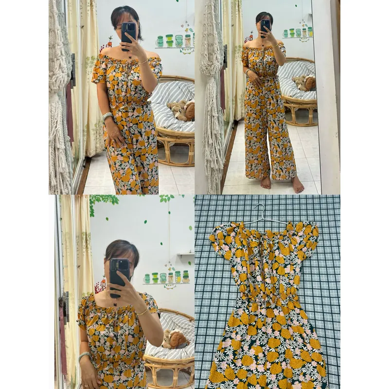 Jumsuit bẹt vai. Có thể mặc được 2 kiểu làm bẹt vai or kéo lên đều ok. Từ 40-48kg mặc ok 557336