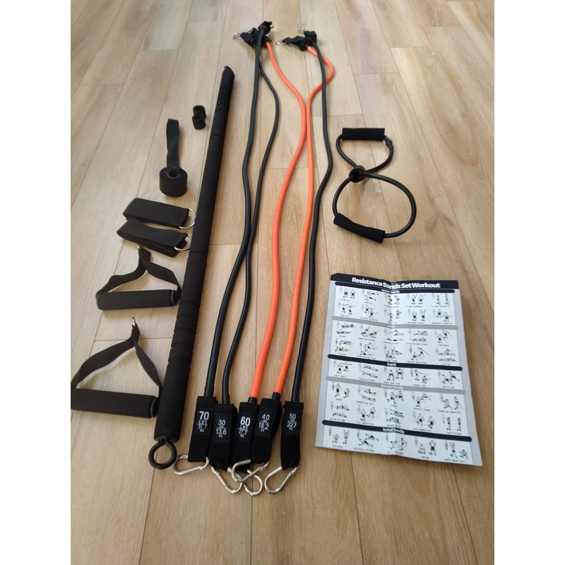 Bộ tập gym tại nhà: 5 dây kháng lực + đòn squat +  hướng dẫn tập luyện  308071
