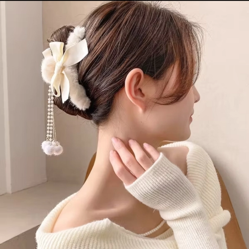 Kẹp tóc hình nơ phối lông tua rua xinh xắn phong cách Hàn Quốc hợp thời trang cho nữ 544841