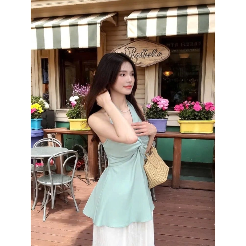 Áo Đũi Cổ Yếm Xoắn Ngực Hở Lưng Nhún Smocking Quyến Rũ Mặc Đi Chơi, Đi Biển 551182