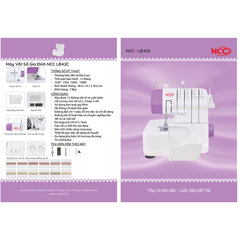 Máy vắt sổ gia đình NCC LB42C chập-nhún bèo-cuốn biên-vắt sổ-Chính hãng công ty 526052