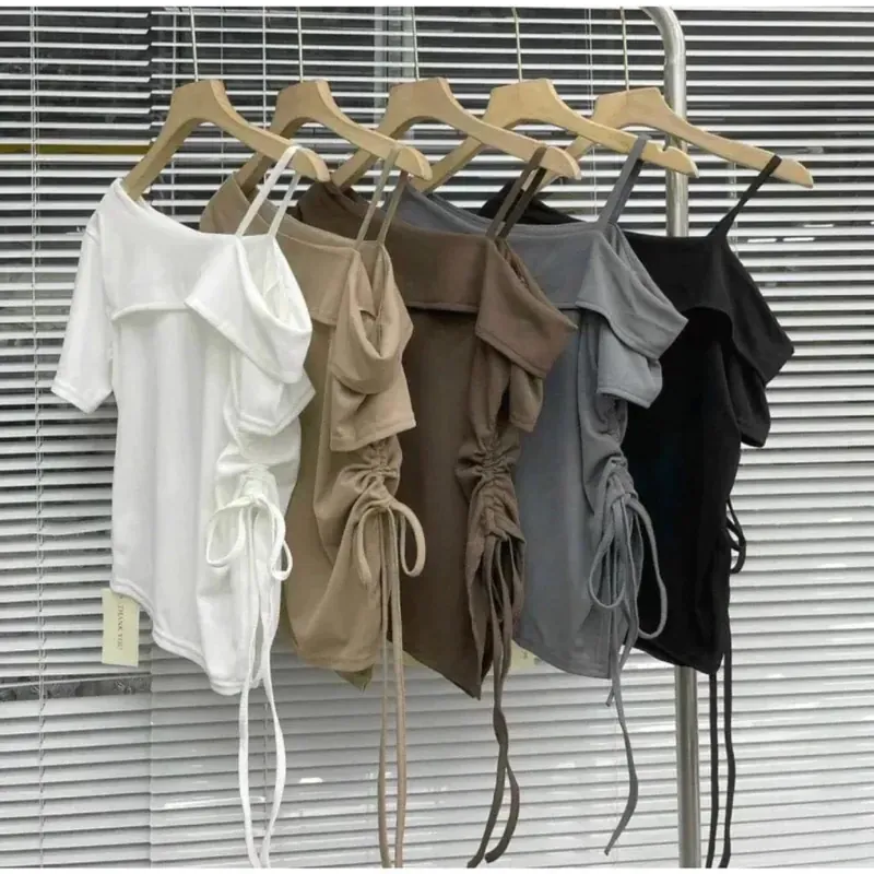 Áo thun nữ kiểu lệch vai phối dây rút nữ màu nâu đậm 789247