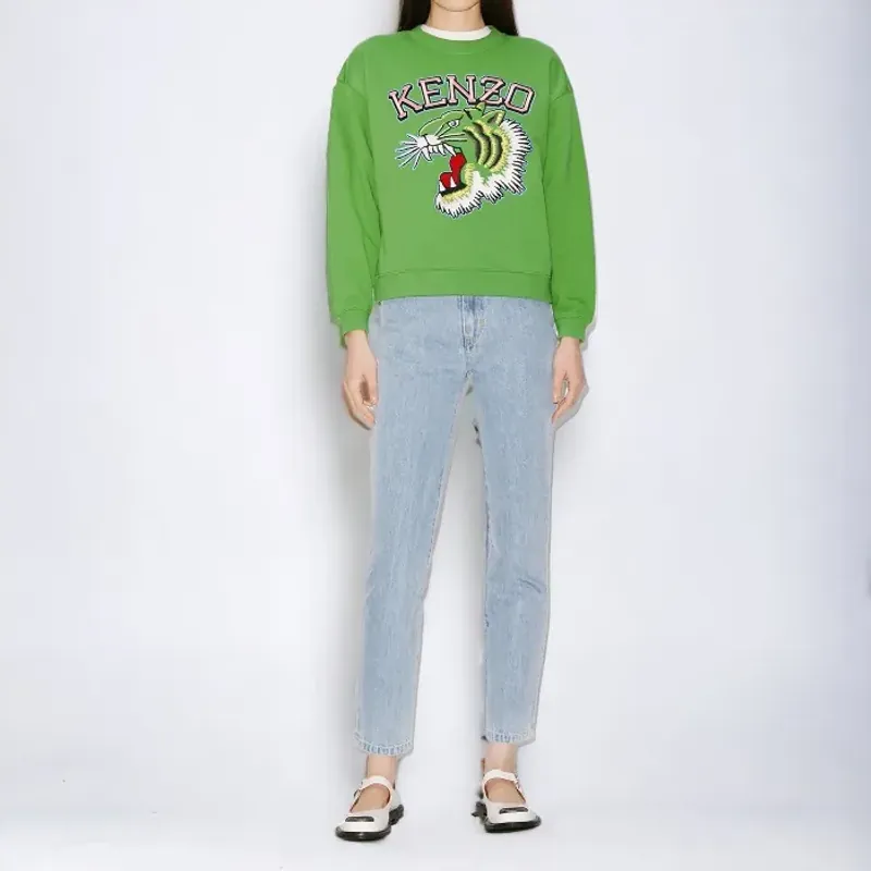 Áo nỉ Kenzo unisex thêu đầu hổ và chữ màu xanh lá 757828