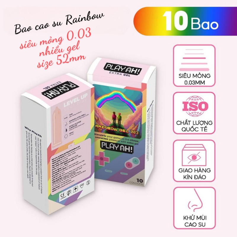 Bao Cao Su PlayAh Rainbow Gel 003 Hộp 10 size 52mm siêu mỏng nhiều gel 184375