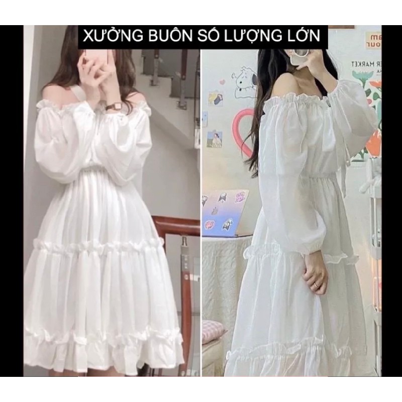 Váy trắng tiểu thư chễ vai 10339