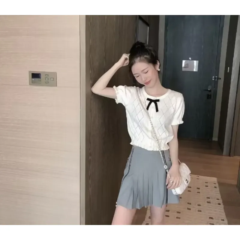 ÁO DỆT KIM TAY NGẮN PHỐI NƠ CHO NỮ 739054