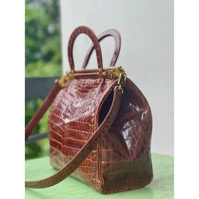 Kwanpen Túi xách nữ da cá sấu cao cấp màu nâu đỏ hàng hiệu 974438