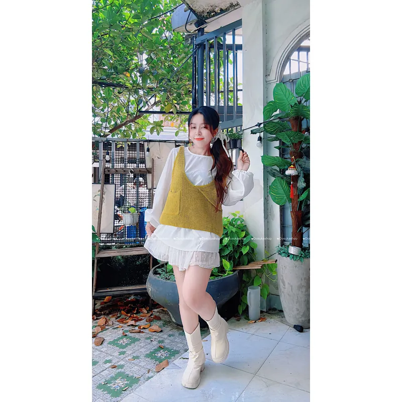 Set Gile Túi Kèm Áo Sơ Mi Tay Bồng Form Rộng Hot Trend 606824