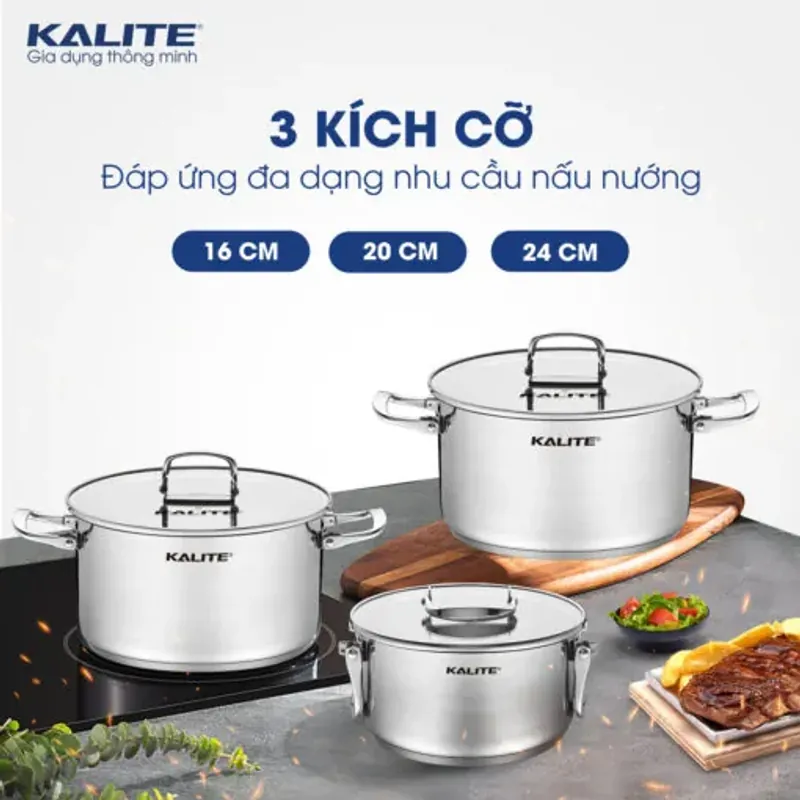 Bộ nồi inox Kalite KL381 16-20-24 cm, inox 304 5 lớp, gập gọn, đa năng 574431