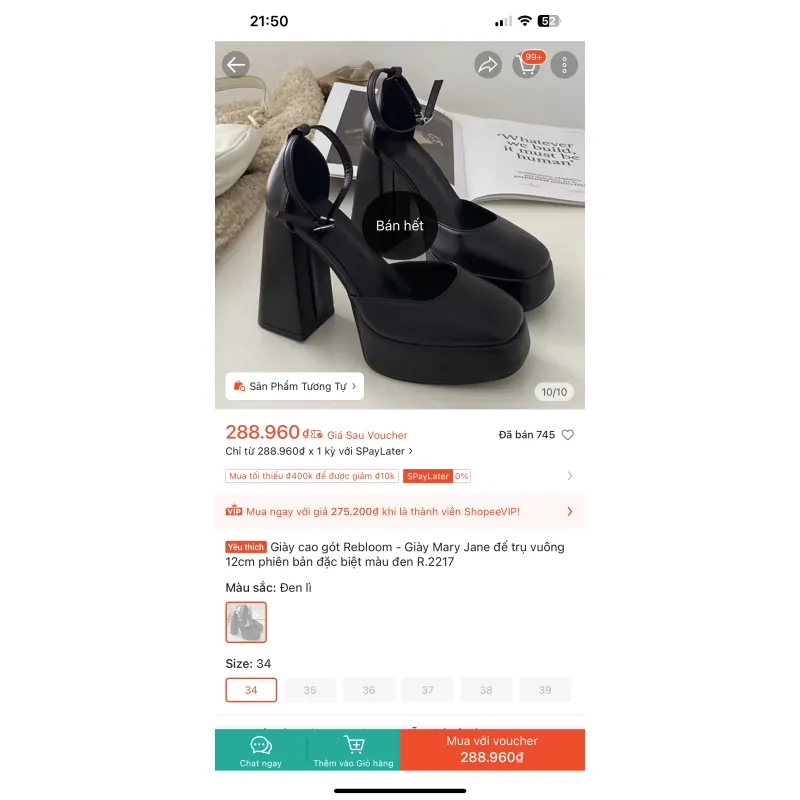 Giày cao gót Rebloom Mary Jane đế trụ vuông màu đen size 34 1002139