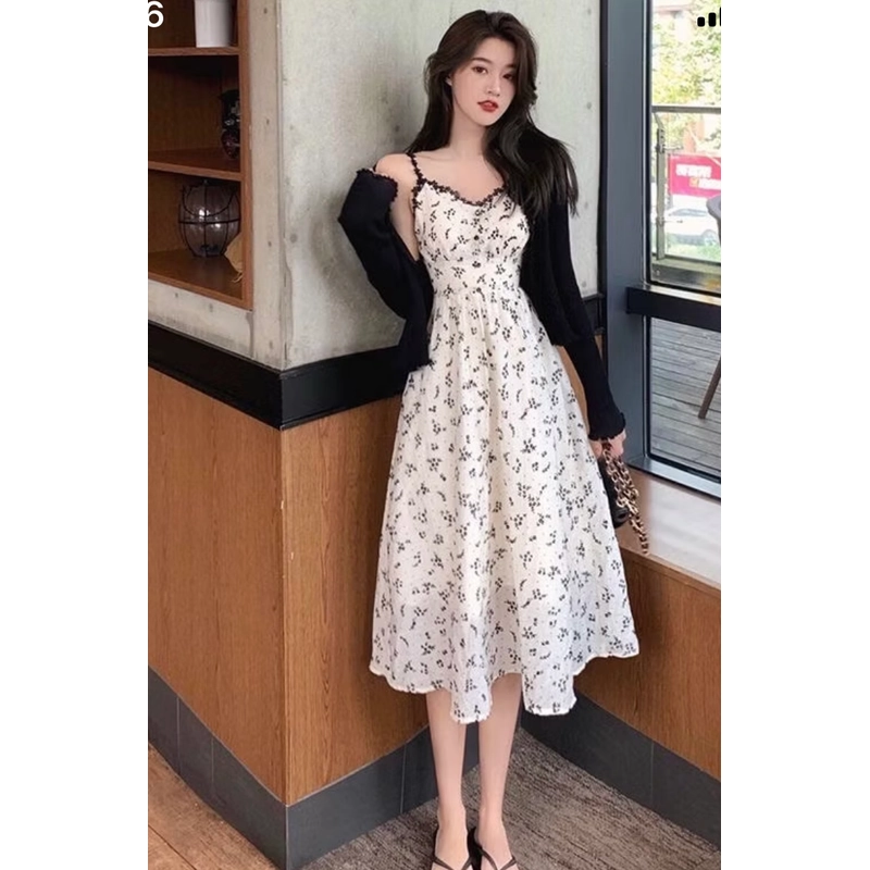 Set Váy Hoa Nhí Đen Dáng Maxi Cùng ÁO Cardigan Đen HTO2, size S 462458