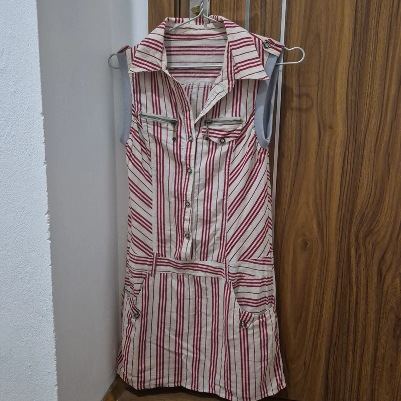 Váy sơ mi kẻ sọc không tay cổ bẻ vintage 522734