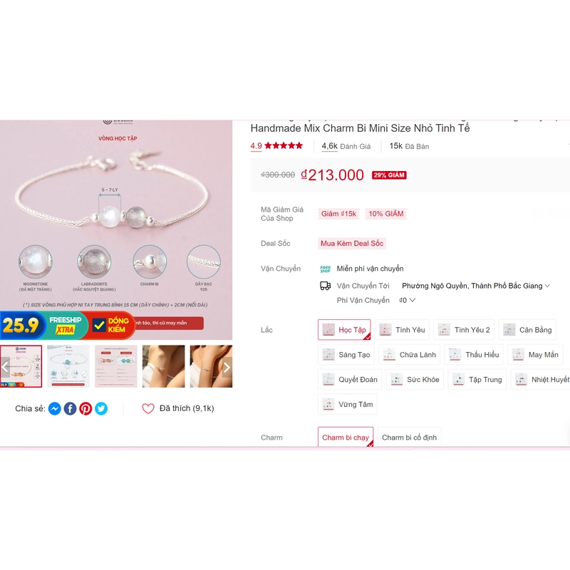 Vòng Tay Bạc 925 Nữ Đính 2 Viên Đá Liugems Phong Thuỷ Tự Nhiên Handmade Mix Charm Bi 278884