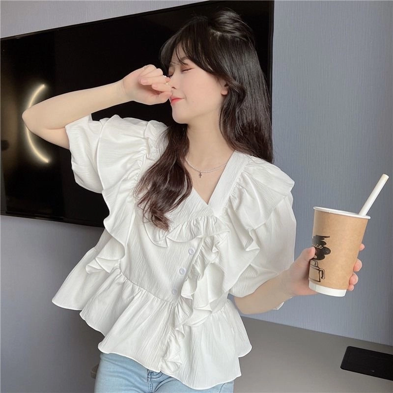 Áo kiểu tay ngắn nhún bèo xinh xắn 496853