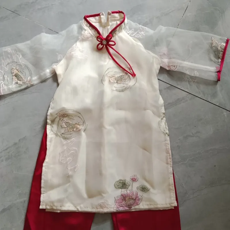 Áo dài thêu kem quần lụa  1024462