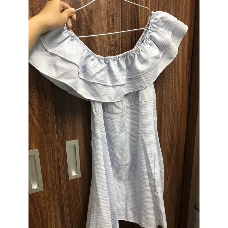 Váy trễ vai xanh caro dáng ngắn mùa hè  731302