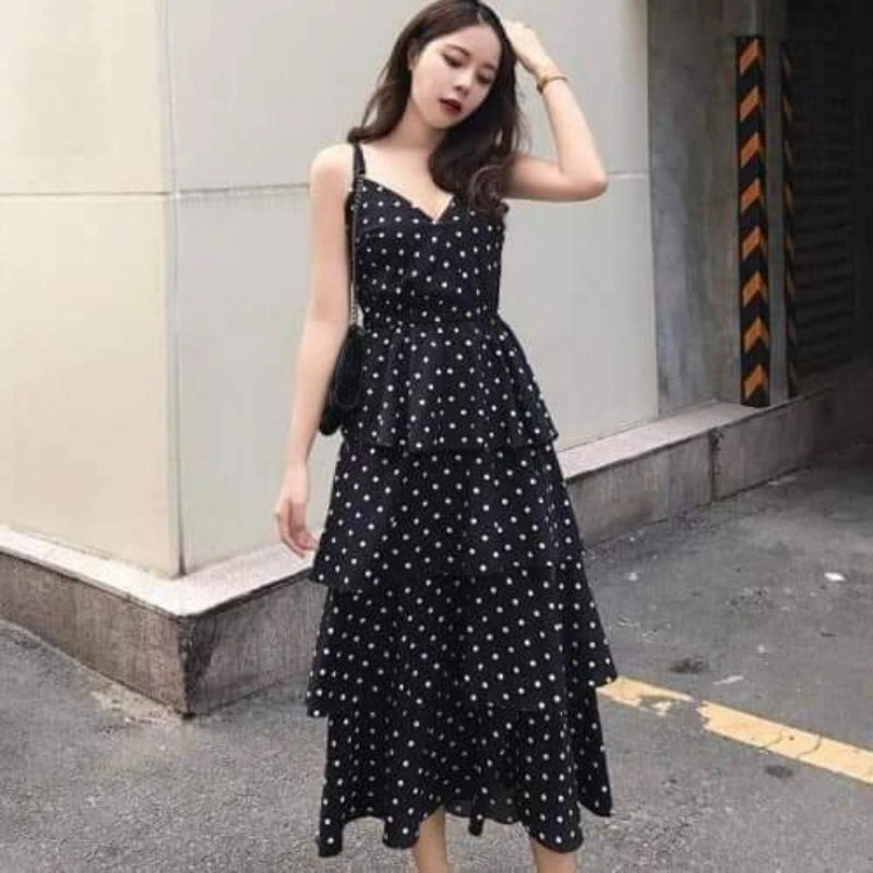 Đầm chấm bi sếp tầng vải voan 509640