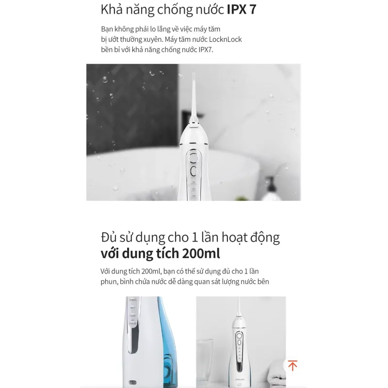 Máy tăm nước 4 chế độ dùng được răng niềng Lock&Lock Cordless Oral Irrigator 200ml 1002109