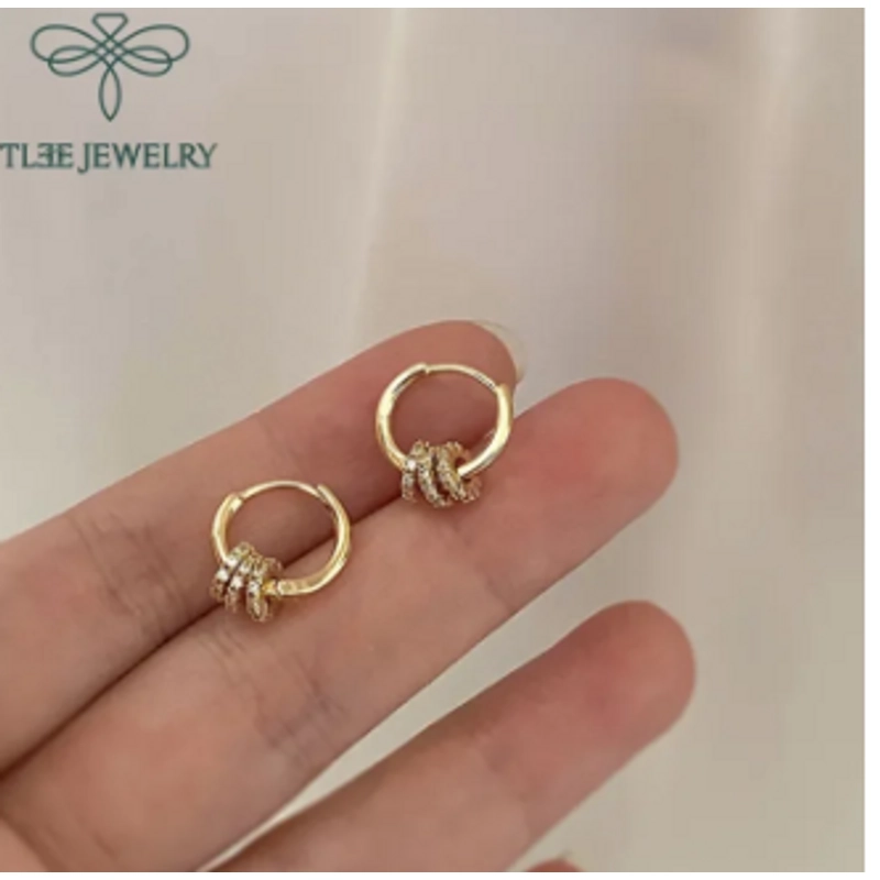 Khuyên tai nữ TLEE tròn trơn mix 3 vòng tròn nạm đá TLee Jewelry 329362