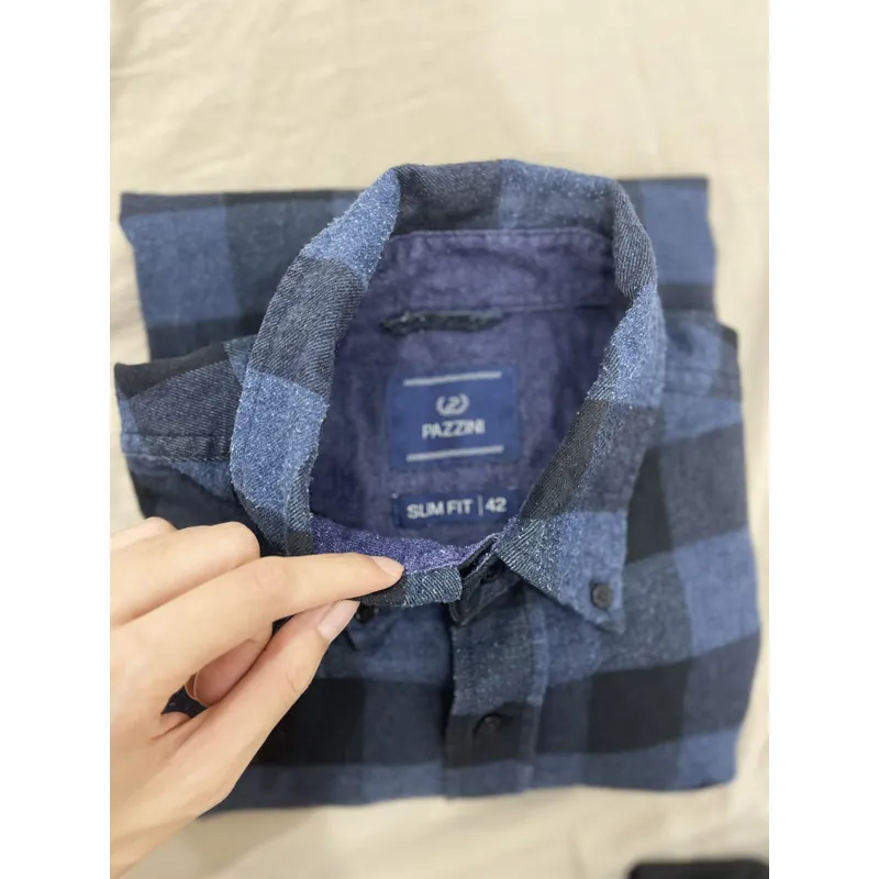 Áo sơ mi xanh caro có đáp gấu tay Pazini slimfit size 42 729086