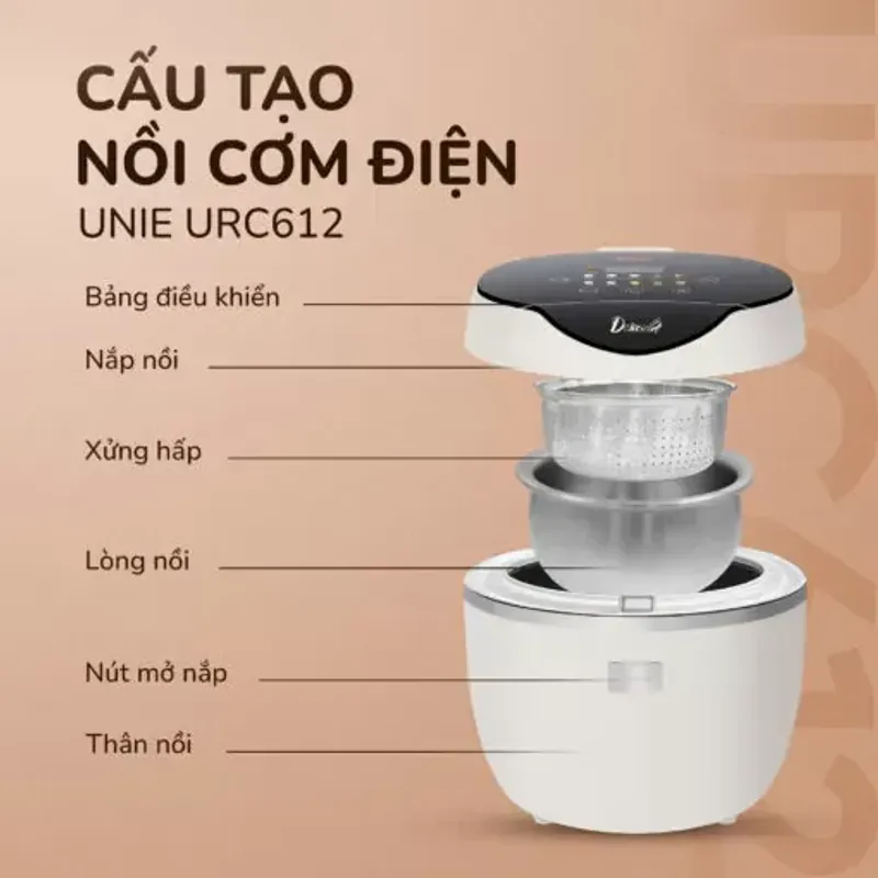 Nồi cơm điện tử UNIE URC612 , nấu cơm giảm đường, lòng nồi inox, dung tích 1,2L 574510