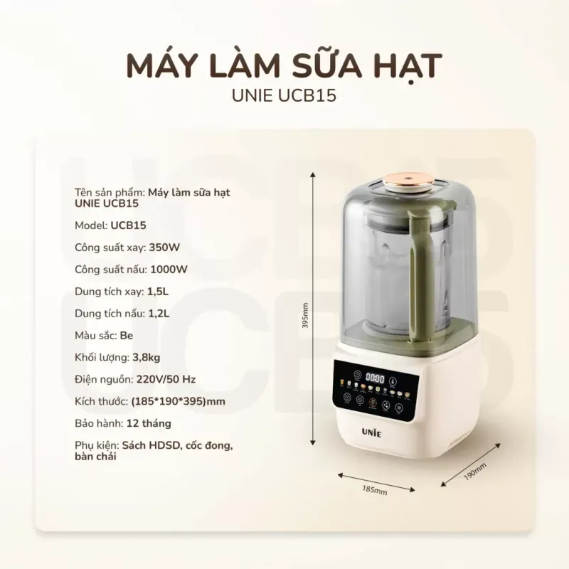 🥛⚡ MÁY LÀM SỮA HẠT UNIE UCB15 – 1.5L | GIẢM ỒN 30% – 10 CHẾ ĐỘ NẤU ĐA DẠNG 727435