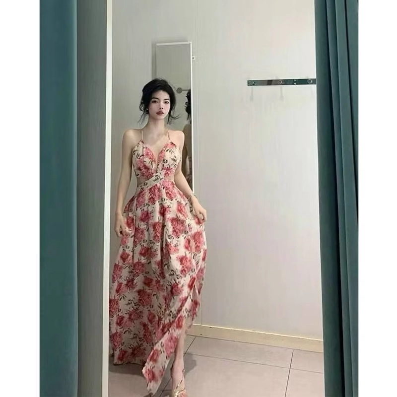 Đầm váy đi biển thời trang nữ dự tiệc chất voan hoa cổ dây không tay có mút 460631